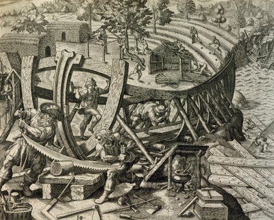 テオドール・デ・ブライ（1528-1598）の『Historia Americae』から、スペインの船員がカラベルを建造する様子を描いた版画。 作： Theodore de Bry