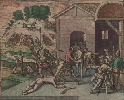 スペインの兵士が奴隷の罰を観察し、実行する1595年。 作： Theodore de Bry