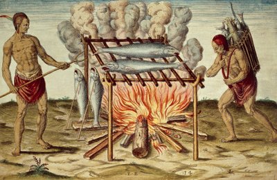 魚を調理するタイノ族の原住民、ジョン・ホワイトの絵からテオドール・デ・ブライ（1528-1598）が作成したカラー彫刻、『Brief and true report of new found land of Virginia』より。 作： Theodore de Bry