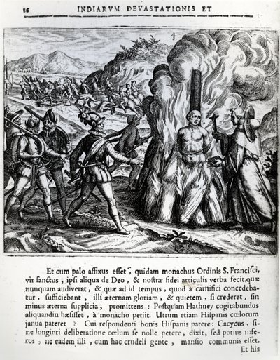 1564年2月2日、キューバのヤラでスペイン人によるHatueyの燃焼 作： Theodore de Bry