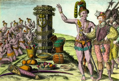 フランス人航海士ジャン・リボー(1520-1565)による第一次フロリダ遠征の際のエリジー列島からフロリダ人がやってきた セオドア・デ・ブライ(1528-1598)の「アメリカ史」からの挿絵 16世紀 個人蔵 作： Theodore de Bry