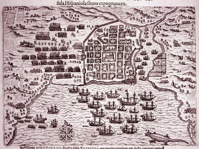 サント・ドミンゴ島を占拠したフランシス・ドレーク艦隊 (Engraving) 作： Theodore de Bry