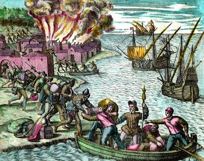 フランス人がカイオランの町を略奪して焼き払った様子 Theodore de Bry (1528-1598) による「アメリカ史」の版画 16世紀 個人蔵 作： Theodore de Bry