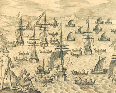 盗賊の島」セオドア・デ・ブライの「アメリカ史」の版画、北アメリカ17世紀。 作： Theodore de Bry