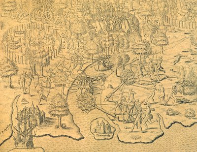 内陸部に向かって突き進んだポルトガル人は、地元の部族に襲われる。 作： Theodore de Bry