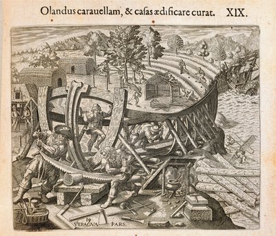 新世界で最初の船を建造するスペイン人。テオドール・デ・ブライ（1528-1598）の版画「Americae pars quarta, sive, Insignis et admiranda historia de reperta primum Occidentali India Christophoro Columbo」（ジロラモ・ベンゾーニ著）より 作： Theodore de Bry