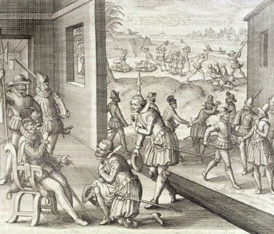 スペインキャプチャキャロライン砦、1565年、ヨハンルートヴィヒゴットフリート著「ニューウェルトとアメリカーニッシュヒストリエン」から、マタイウスメリアン発行、1631年 作： Theodore de Bry