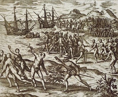 テオドール・デ・ブライの「アメリカにおけるスペイン人」は彫刻です。 作： Theodore de Bry