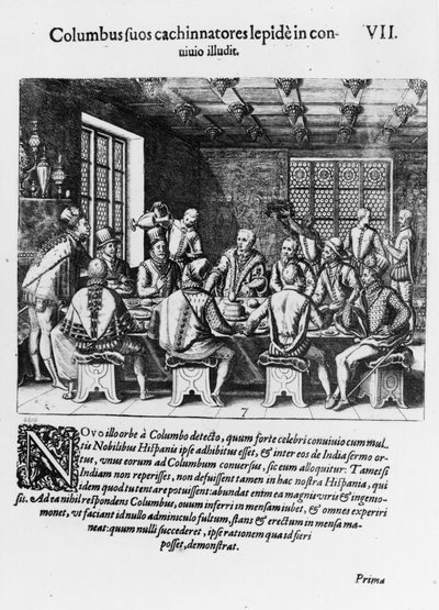 クリストファーコロンブスの卵の物語（1450-1506）1585-88（彫刻）（bw写真） 作： Theodore de Bry