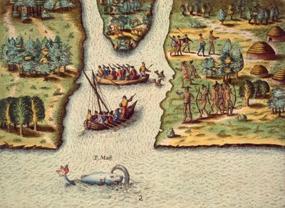 The Discourse of Florida』に掲載されているTheodore de Bry（1528-1598）の版画「フランス人の到着」。 作： Theodore de Bry