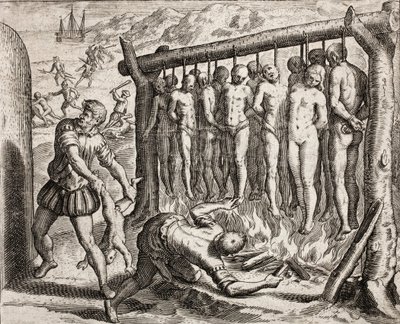 バルトロメ・デ・ラスカサスの「Narratio regionum indicarum per Hispanos quosdam devastatarum verissima」から、スペイン人入植者がインディアンに加えた罪を描いた13人の絞首刑と焼身自殺の図。 作： Theodore de Bry