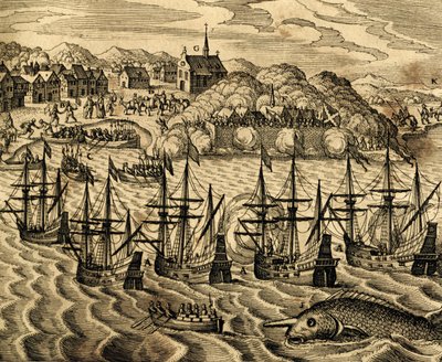 テオドール・デ・ブライ（1528-1598）の『Historia Americae』からメキシコのアカプルコ港の眺めを描いたもので、フランクフルトにある。 作： Theodore de Bry