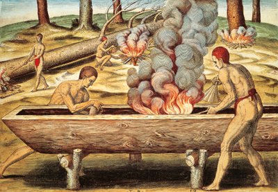 ピロガを作るバージニア州の人々 作： Theodore de Bry