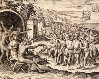 インドネシアのテオドール・デ・ブライ(1528-1598)の作品「India orientalis」からの版画「歓迎するオランダ人」。 作： Theodore de Bry