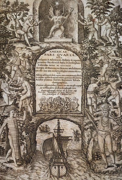 テオドール・デ・ブライ（1528-1598）による「西インド諸島またはアメリカ」、正面図、エングレーヴィング 作： Theodore de Bry