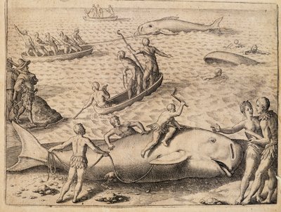 スピッツベルゲン付近での捕鯨、テオドール・デ・ブライ（1528-1598）の版画、『India Orientalis（東インド）』より 作： Theodore de Bry