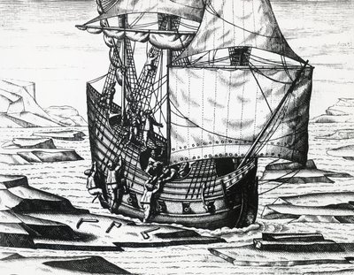 ウィリアム・バレンツ（1550年頃～1597年）の船（北東航路を求めてオランダが行った第3次遠征時）、テオドール・デ・ブライ（1528年～1598年）作、エングレービング 作： Theodore de Bry