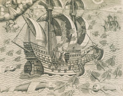 インド洋に生息する翼のある魚、セオドア・デ・ブライのアメリカ史からのイラスト 作： Theodore de Bry