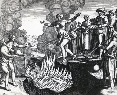 夫の火葬場に身を投げる女性（テオドール・デ・ブライ（1528-1598）作）、エングレーヴィング 作： Theodore de Bry
