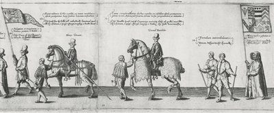 1587年、セントポールズ大聖堂に向かう途中、フィリップシドニー卿の葬儀に参加したヨーメン 作： Theodore de Bry