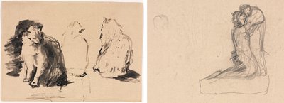 猫（直腸）; 抱きしめる 2 人の人物のスケッチ (裏面) 作： Theodule Ribot