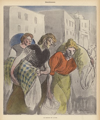 洗濯機から戻ってくる洗濯婦（カラーリトグラフ 作： Theophile Alexandre (after) Steinlen