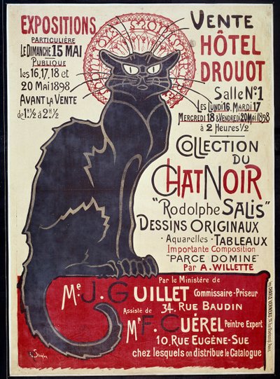 1898年にホテル・ドルオーで行われたロドルフ・サリスの作品と「キャット・ノワール」コレクションの販売を告知する広告ポスター（イラスト：Theophile Alexandre Steinlen（1859-1923 作： Théophile Alexandre Steinlen