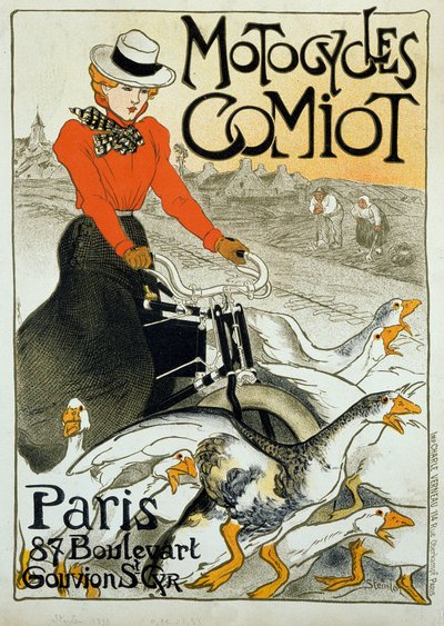 Comiot motorcyclesの広告ポスター。原付に乗った若い女性がガチョウの群れの中を転がっています。Theophile Alexandre Steinlen（1859-1923）のポスター。1899.パリ、装飾美術。 作： Théophile Alexandre Steinlen