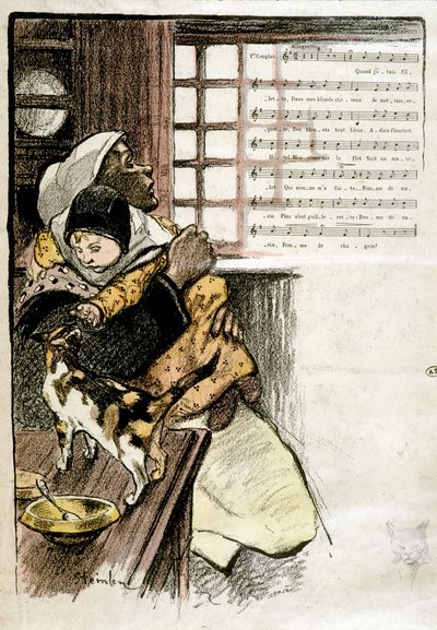 女性に抱かれた子供が猫と遊んでいる様子（イラスト楽譜のためのスタインレン、S.D. 19e s. 作： Théophile Alexandre Steinlen