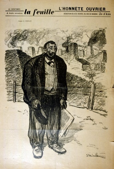 スイス生まれのフランス人アール・ヌーヴォー画家・版画家、アレクサンドル・シュタインレン（1859-1923）による、工業地帯の風景を背景にした貧しい工場労働者のドローイング。 作： Théophile Alexandre Steinlen