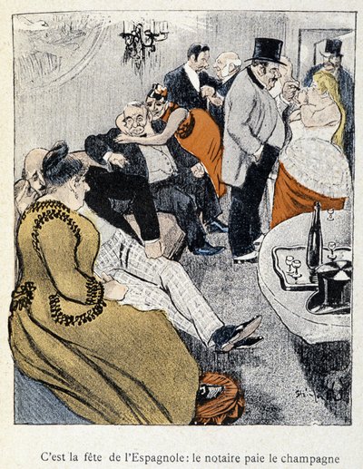 Filles et Marlous：スペイン人の祝日：公証人がシャンパンを払う-スタインレン作「Dans la vie」1901年（No.27695と同じ絵柄 作： Théophile Alexandre Steinlen