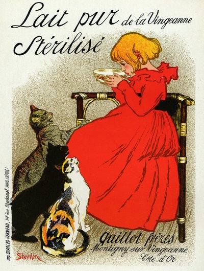 食品と飲料。Vingeanneのミルク。猫を連れた小さな女の子。スタインレンのポスター、フランス、1890年頃（ポスター 作： Théophile Alexandre Steinlen