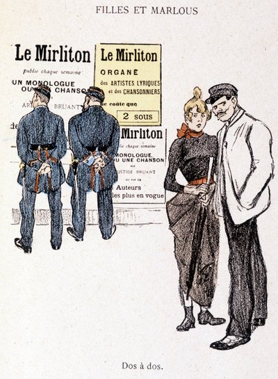 少女とマルルー：二人の警察官の後ろにいるヒモと娼婦。スタインレンの「人生において」では 作： Théophile Alexandre Steinlen