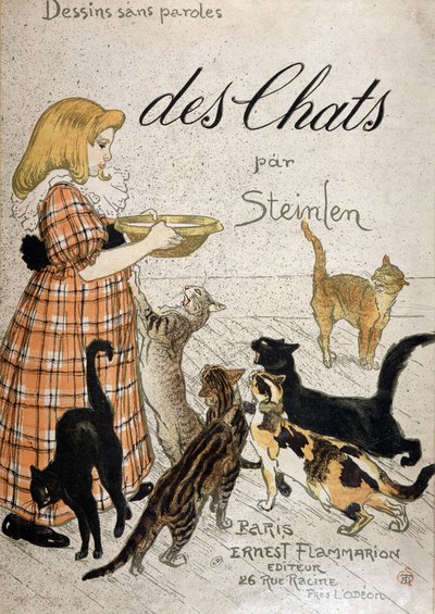 猫にミルクボウルを持っていく少女 - カバー「Cats」 by Steinlen, n.d. 19日. 作： Théophile Alexandre Steinlen