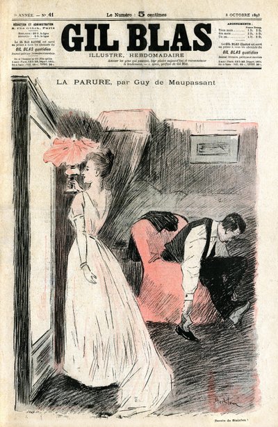 Guy de Maupassantの短編小説「The Parure」をSteinlenが描いたもの。ロワゼル夫人は、夫が彼女の靴を脱がせている間に鏡で自分を見ている。彼女は友人のマダム・フォレスが貸してくれたネックレス（ダイヤモンド・リバー）を失くしたことに気づく。 作： Théophile Alexandre Steinlen