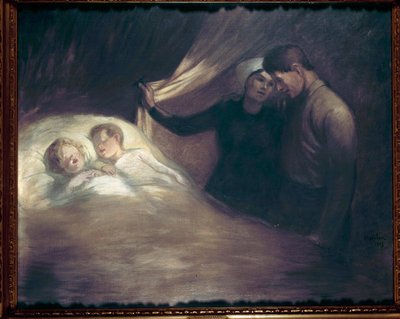 貧しい人々 慎ましい境遇の親たちが、眠っている子供たちを見ながらささやくように話している。Theophile Alexandre Steinlen (1859-1923)の作品。1903年 パリ、ヴィクトル・ユーゴーの家 作： Théophile Alexandre Steinlen