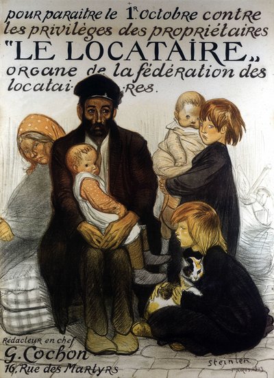1913年、パリの借家人連盟のプレゼンテーションのポスター（ポスター 作： Théophile Alexandre Steinlen