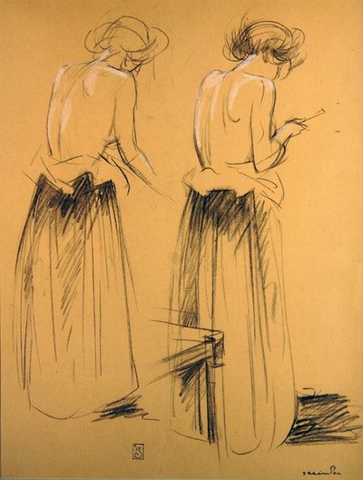 後ろから見た女性の2つの習作（紙にチョーク） 作： Théophile Alexandre Steinlen