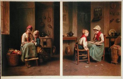 1858年に印刷された「The Lesson and The Card Game」（カラーリトグラフ）。 作： Theophile Emmanuel (after) Duverger