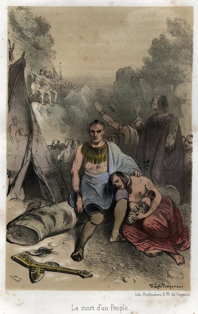 1763 年、カナダのイロコイ族によるヒューロン族の虐殺 (パリ条約)。 1845年から「「秩序の創設から現在までのイエズス会の劇的で絵のような歴史」」の彫刻、アドルフ・ブーシェ作、テオフィル・フラゴナール作 作： Theophile Evariste Fragonard