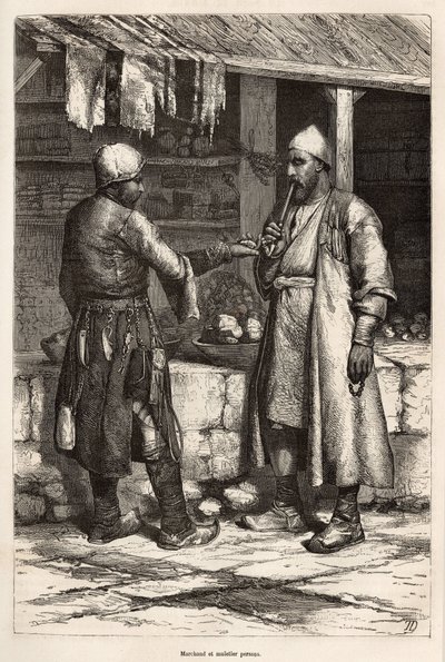 アルメニアの村のペルシャ人の商人とラバ職人、1869年にテオフィル・デイロルがラツィスタンとアルメニアの旅を描いた筆者の絵の後のエングレーヴィング、「Le tour du monde」1875年、Edouard Charton編、Hacheに掲載 作： Theophile Louis Deyrolle