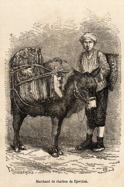 ジェウィリスク（北アナトリア）でロバを連れた石炭商人。1869年にラツィスタンとアルメニアの旅を描いた語り手の絵をもとに彫られたもので、テオフィル・デイロルが描いたもの。 作： Theophile Louis Deyrolle