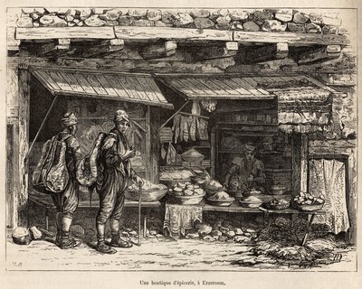 エルゼローム（アルメニア）の食料品店。1869年にテオフィル・デイロルがラツィスタンとアルメニアの旅を描いたものを、筆者が描いたものをもとに彫刻したもので、Edouard Charton編集の『Le tour du monde』1875年版に掲載されています。 作： Theophile Louis Deyrolle