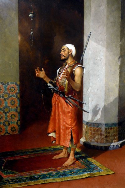 祈るトルコの衛兵、19 世紀後半から 20 世紀初頭 (キャンバスに油彩) 作： Theophile Marie Francois Lybaert