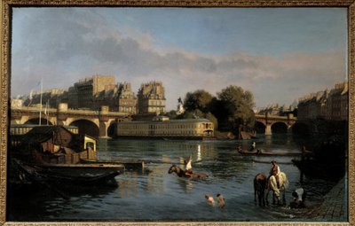 新しい橋とシテ島の先端。 パリの眺め。 テオフィル・ムニエ (1800-1884) の絵画 作： Théophile Meunier