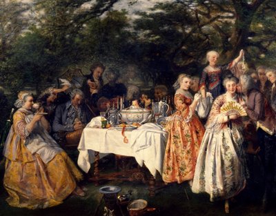 1750年頃、テオフィル・シューラー（1821-1878）によるストラスブール郊外の宿屋の庭での田舎でのピクニック 作： Theophile Schuler