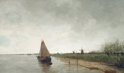 船のある川の風景、向こうの街（帆布に油彩） 作： Theophile de Bock
