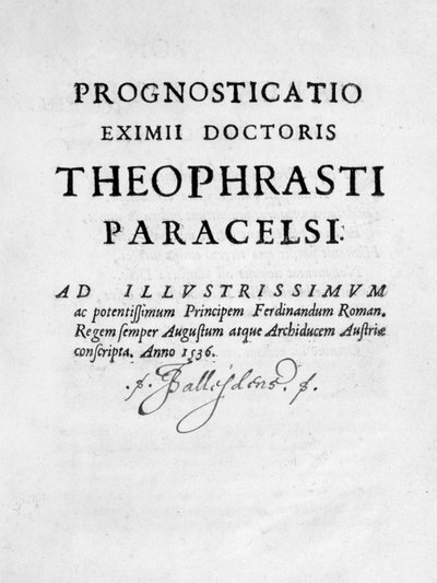 予後診断Eximii医師Paracelsusのタイトルページ、1536。 作： Theophrastus Bombastus von Hohenheim Paracelsus