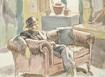 ソファに座るウォルター・シカート 1927年頃（紙に黒チョーク・水彩） 作： Therese Lessore