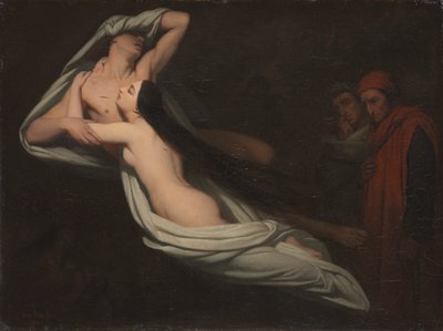 フランチェスカ・ダ・リミニとパオロの色合いに出会うダンテとヴァージル 作： Théodore Caruelle d